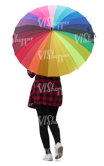 woman with a colorful umbrella walking