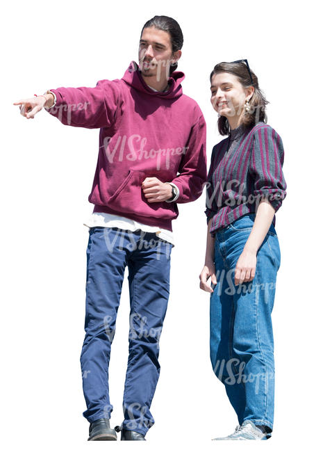 man and woman standing on a balcony and pointing down