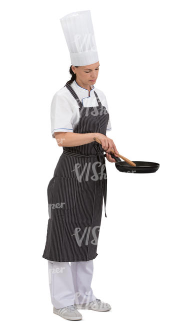 female chef standing with a frying pan