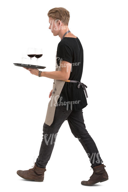 male waiter with a tray walking