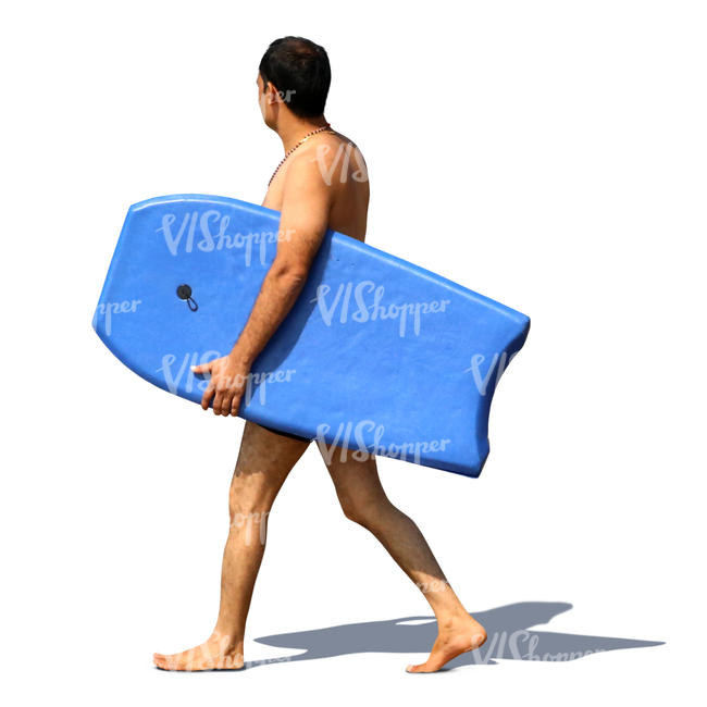 man carrying a boogie board on the beach