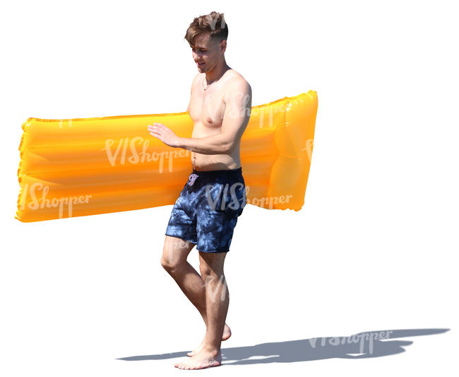 man walking with a swimming mattress