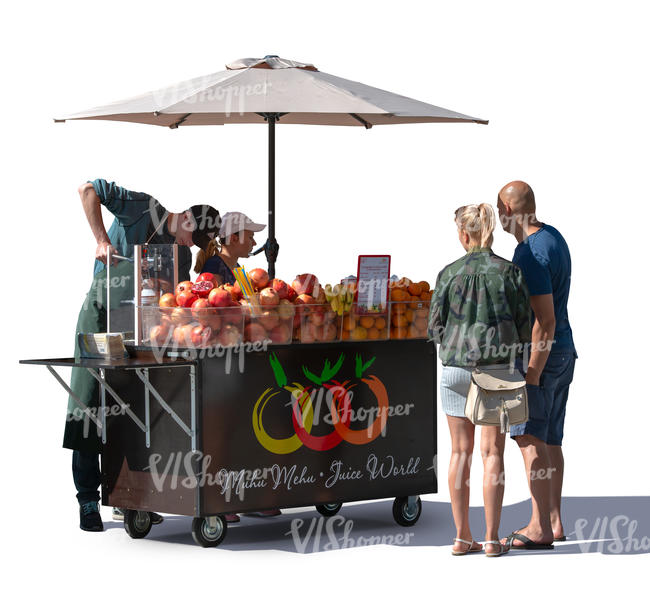cut out fruit stand with customers