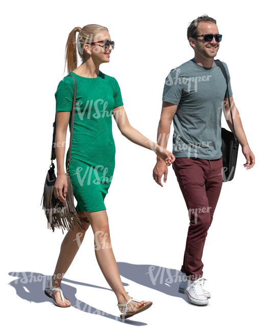 man and woman walking and talking happily