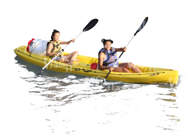 two women riding a canoe