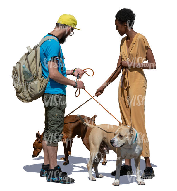 man and woman with dogs standing and talking