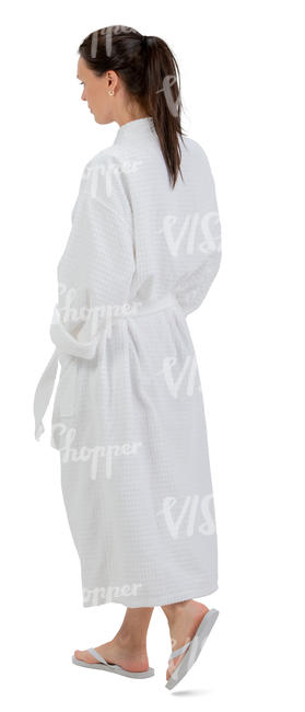 woman in a bathrobe walking