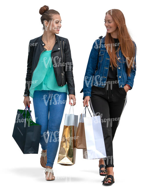 women with shopping bags walking and talking