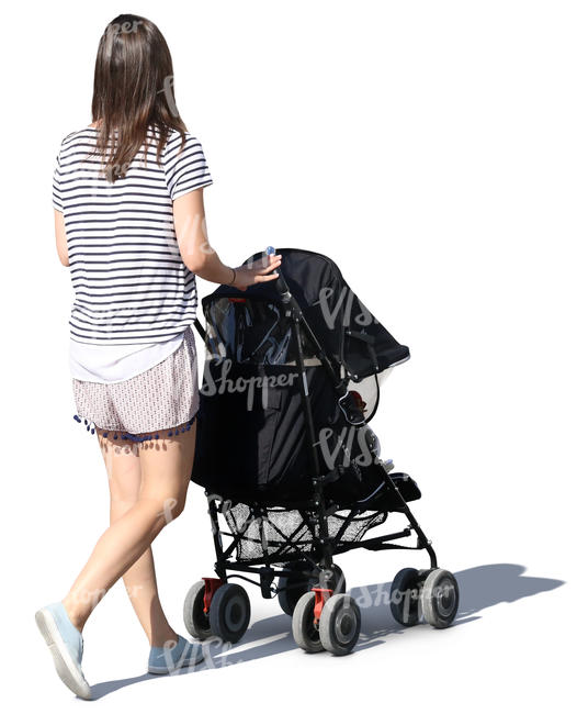 woman in a summer outfit walking with a stroller
