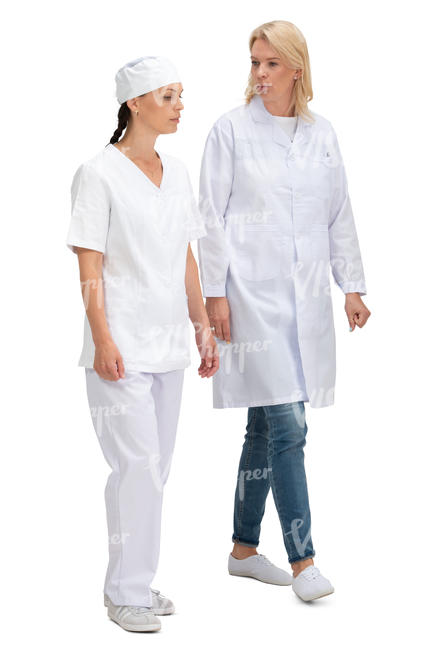 two medical workers walking and talking