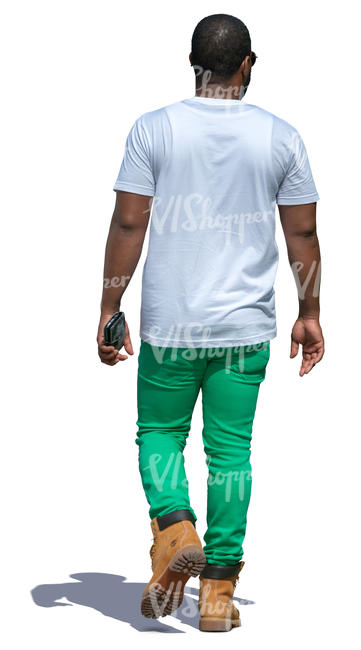 black man in green pants walking