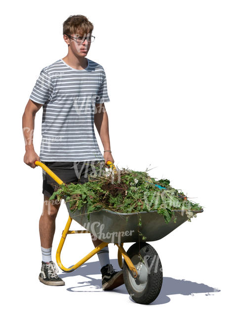 young man pushing a garden cartwheel