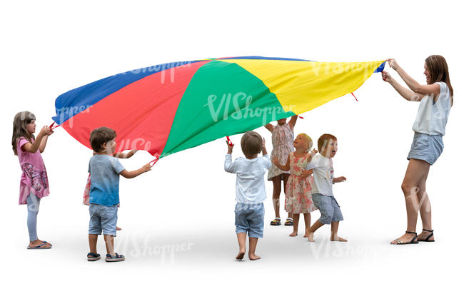 group of children playing with parachute