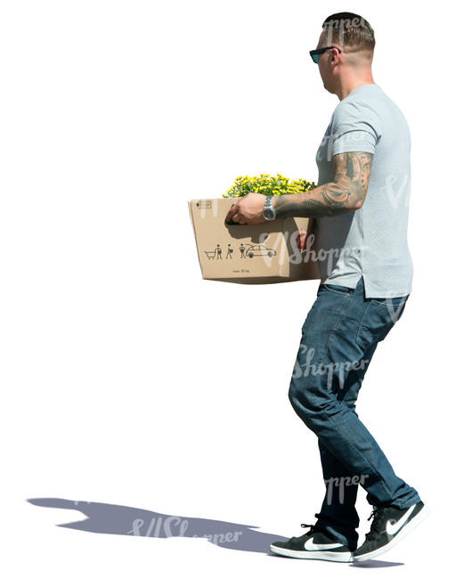 man carrying a box of plants