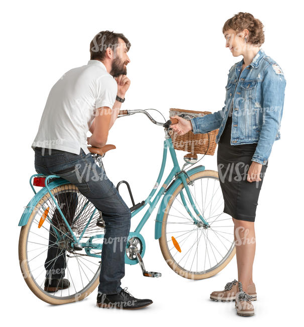 man and woman with a bike talking