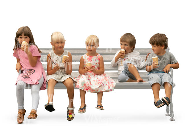 five kids sitting on a bench and eating ice cream