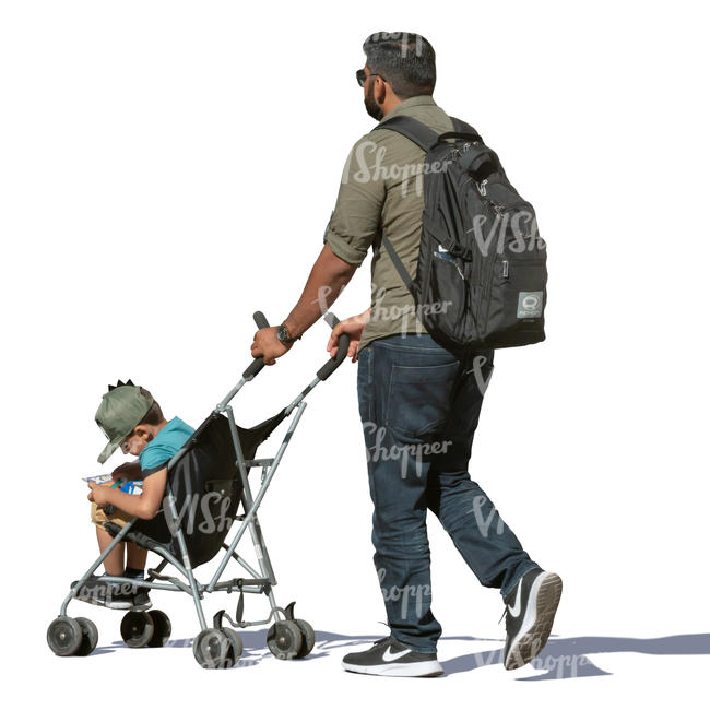 father pushing his son in a stroller
