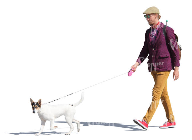 man in a colorful outfit walking a dog