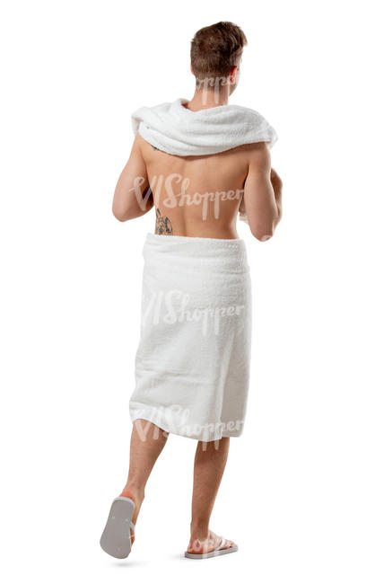 man wearing a sauna towel walking