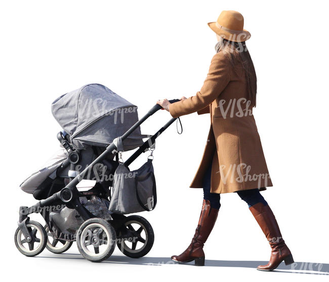 woman in a brown coat walking with a stroller