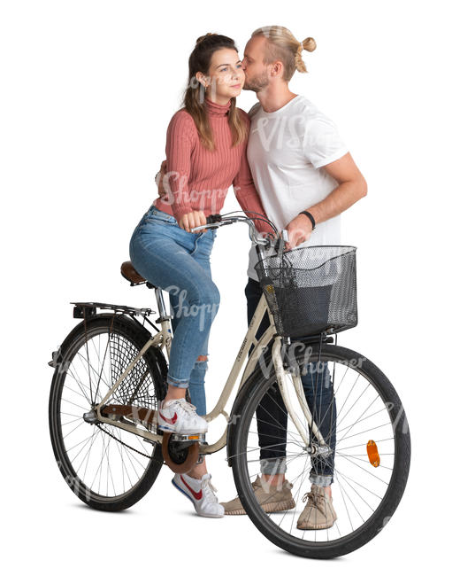 man kissing a woman riding a bike