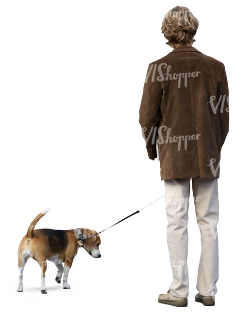 man in a brown jacket standing with his dog