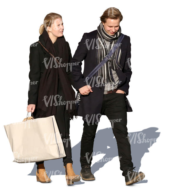 young man and a woman with a big shopping bag walking together