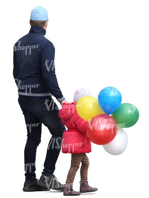 father walking hand in hand with his daughter who has many balloons