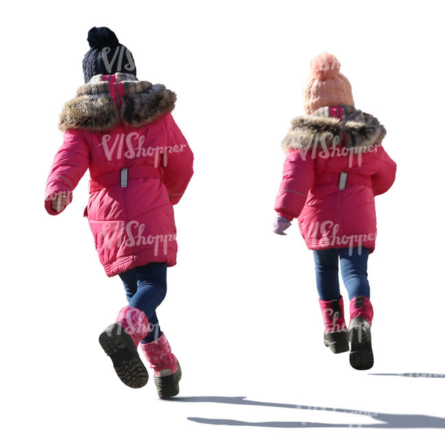 two girls in pink overcoats running around