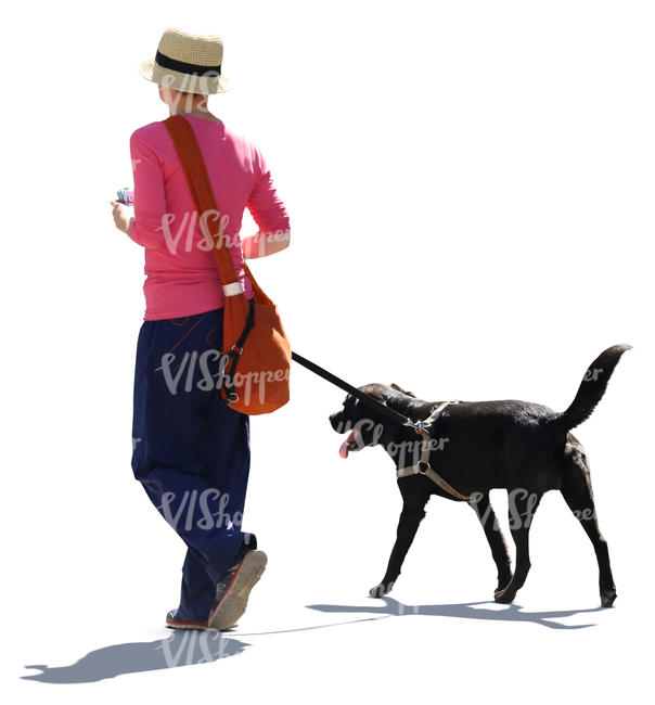 backlit woman walking with a black dog