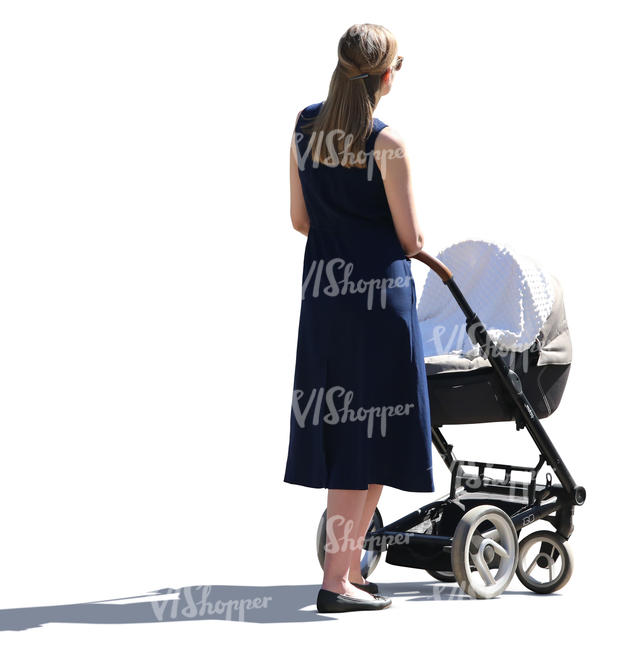 backlit woman with a baby carriage