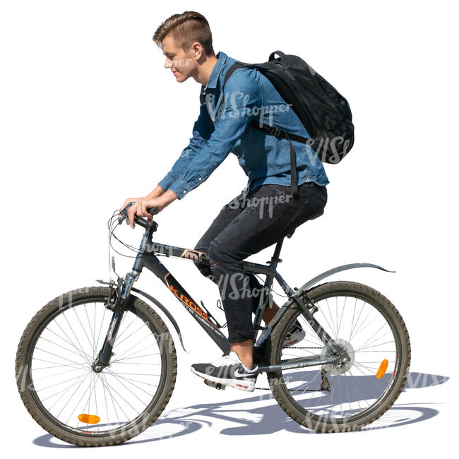 young man with a backpack riding a bike