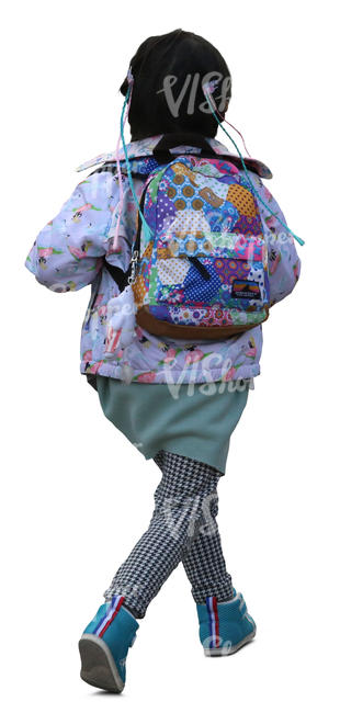 little asian girl with a colorful backpack running