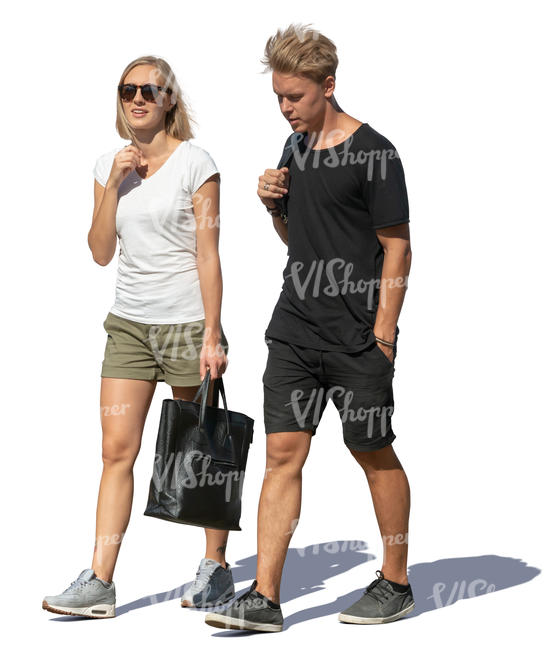 man and woman walking on a sunny day