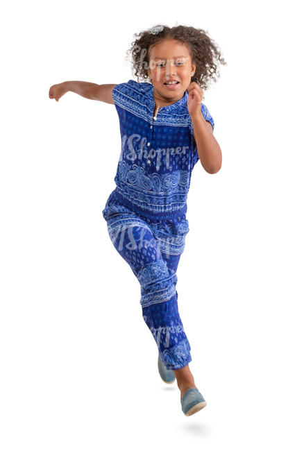 african girl in a blue jumpsuit running