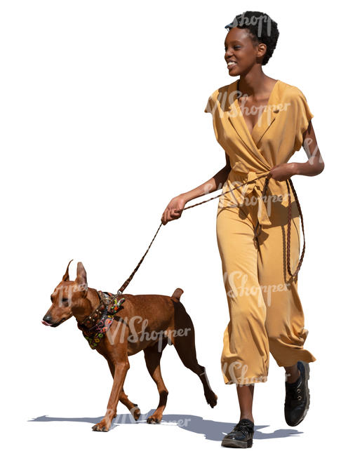 black woman walking a dog