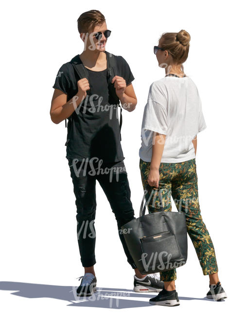 young man and woman standing and talking