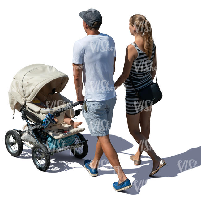 family with a baby carriage walking