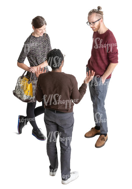 three young people talking seen from above