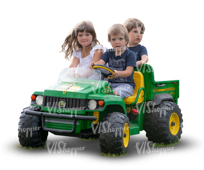 three children riding a toy car