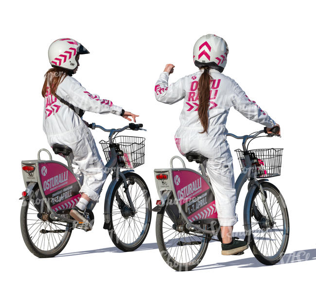 two women in uniform costumes cycling