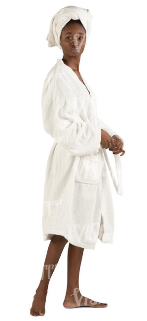 black woman in a bathrobe standing 