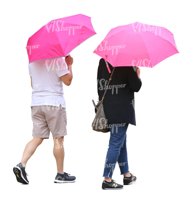 two people with pink umbrellas walking