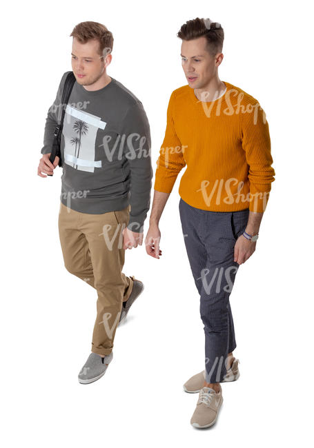 two young men walking seen from above