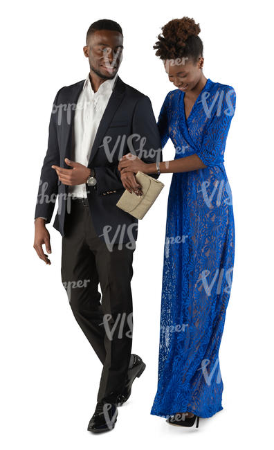 black man and woman in formal outfits walking arm in arm