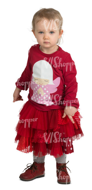 little girl in a red party dress standing