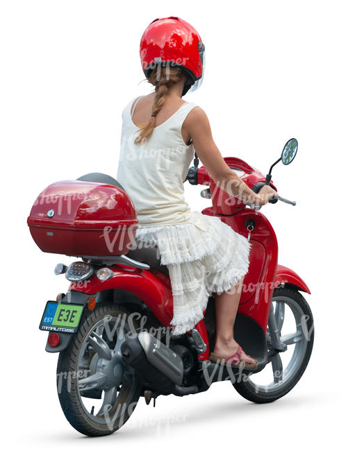 woman riding a red motor scooter