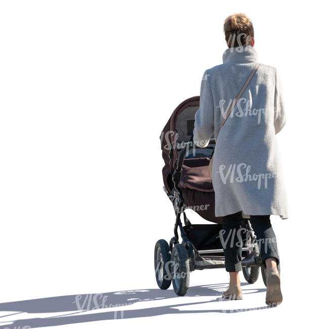 sidelit woman with a baby carriage walking