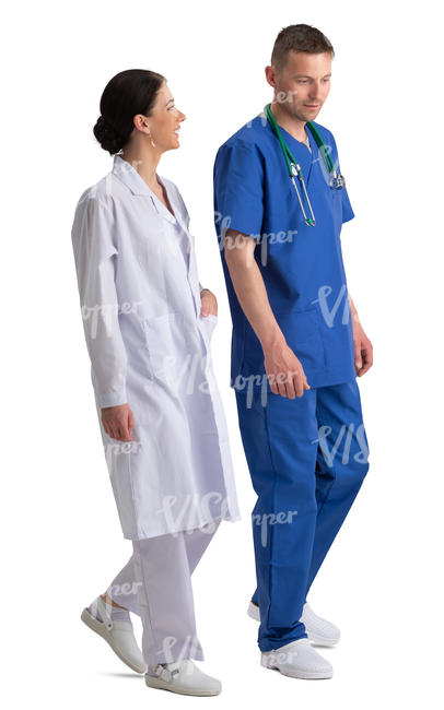 two medical workers walking and talking