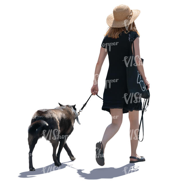 backlit woman walking a dog